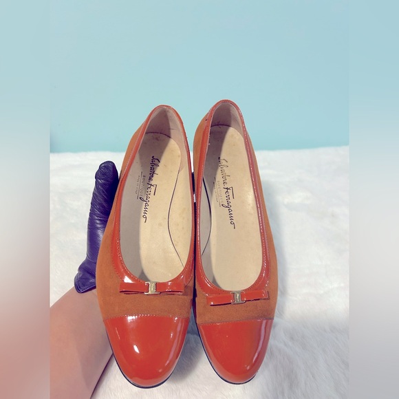 Salvatore Ferragamo Orange Flats Patent/Suede Leather